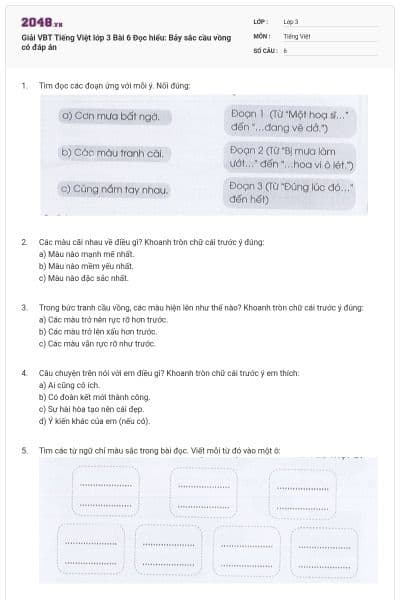 Giải VBT Tiếng Việt lớp 3 Bài 6 Đọc hiểu: Bảy sắc cầu vồng có đáp án