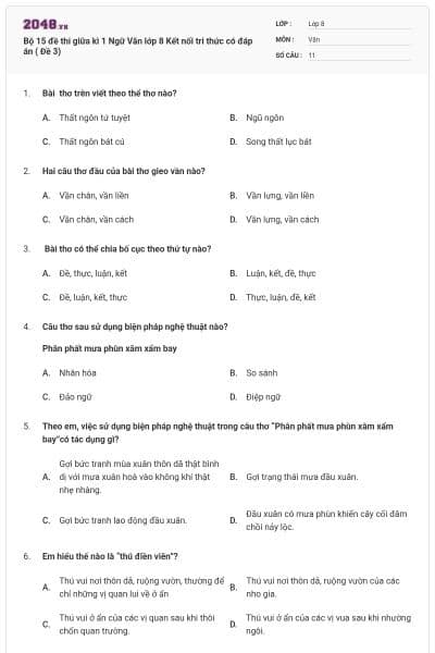 Bộ 15 đề thi giữa kì 1 Ngữ Văn lớp 8 Kết nối tri thức có đáp án ( Đề 3)