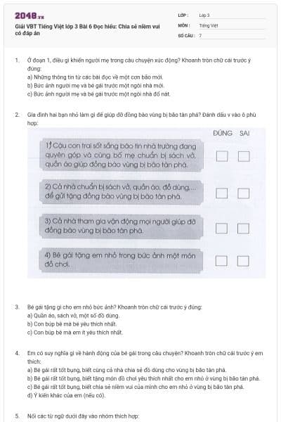 Giải VBT Tiếng Việt lớp 3 Bài 6 Đọc hiểu: Chia sẻ niềm vui có đáp án