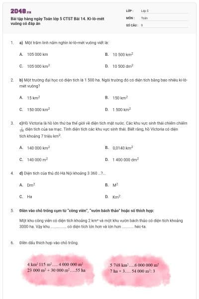 Bài tập hàng ngày Toán lớp 5 CTST Bài 14. Ki-lô-mét vuông có đáp án