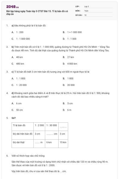 Bài tập hàng ngày Toán lớp 5 CTST Bài 15. Tỉ lệ bản đồ có đáp án