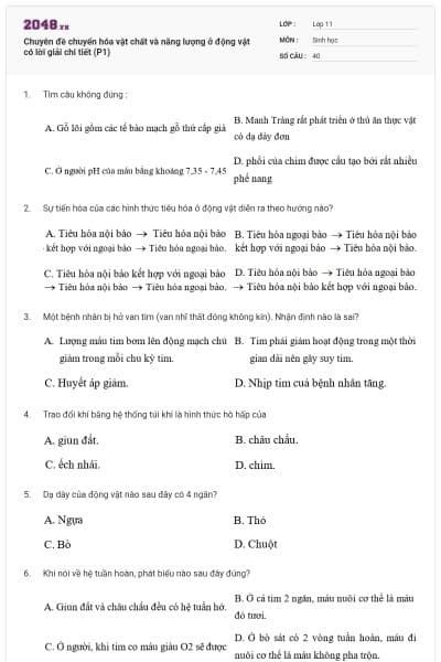 Chuyên đề chuyển hóa vật chất và năng lượng ở động vật có lời giải chi tiết (P1)