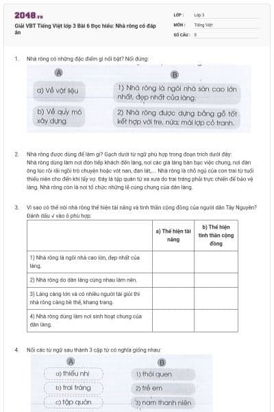 Giải VBT Tiếng Việt lớp 3 Bài 6 Đọc hiểu: Nhà rông có đáp án