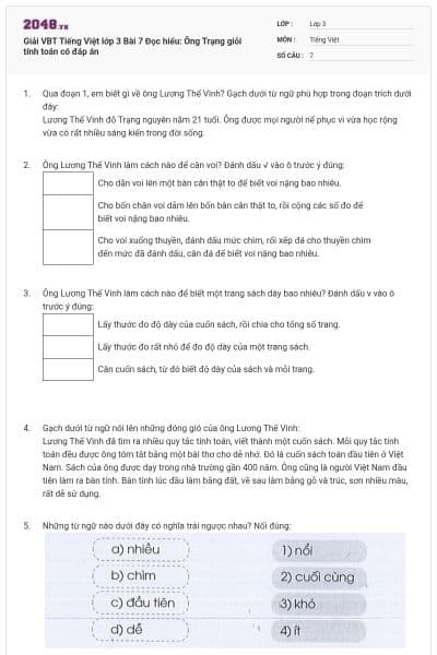 Giải VBT Tiếng Việt lớp 3 Bài 7 Đọc hiểu: Ông Trạng giỏi tính toán có đáp án