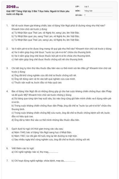 Giải VBT Tiếng Việt lớp 3 Bài 7 Đọc hiểu: Người trí thức yêu nước có đáp án