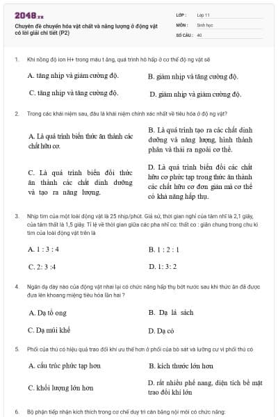 Chuyên đề chuyển hóa vật chất và năng lượng ở động vật có lời giải chi tiết (P2)