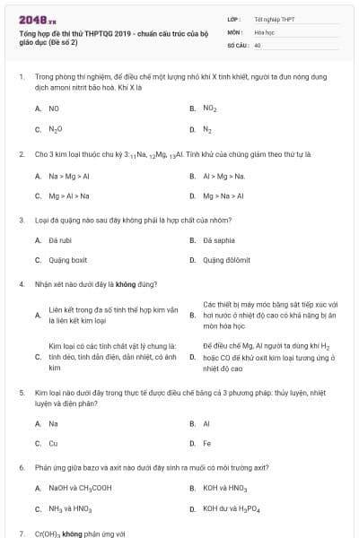Tổng hợp đề thi thử THPTQG 2019 - chuẩn cấu trúc của bộ giáo dục (Đề số 2)