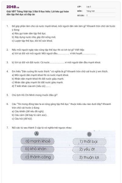 Giải VBT Tiếng Việt lớp 3 Bài 8 Đọc hiểu: Lời kêu gọi toàn dân tập thể dục có đáp án