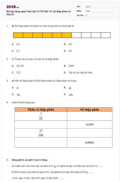 Bài tập hàng ngày Toán lớp 5 CTST Bài 18. Số thập phân có đáp án