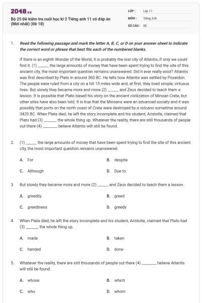 Bộ 25 Đề kiểm tra cuối học kì 2 Tiếng anh 11 có đáp án (Mới nhất) (Đề 18)