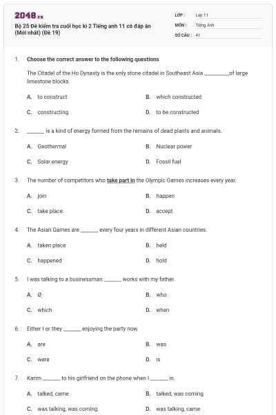 Bộ 25 Đề kiểm tra cuối học kì 2 Tiếng anh 11 có đáp án (Mới nhất) (Đề 19)