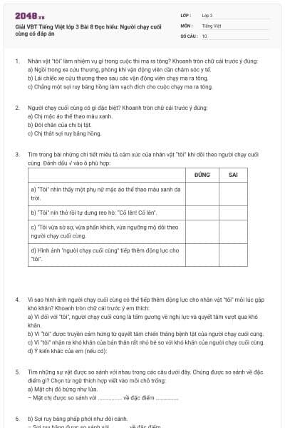 Giải VBT Tiếng Việt lớp 3 Bài 8 Đọc hiểu: Người chạy cuối cùng có đáp án