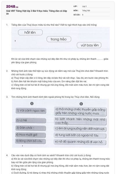 Giải VBT Tiếng Việt lớp 3 Bài 9 Đọc hiểu: Tiếng đàn có đáp án