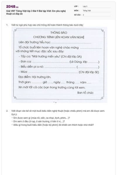 Giải VBT Tiếng Việt lớp 3 Bài 9 Bài tập Viết: Em yêu nghệ thuật có đáp án