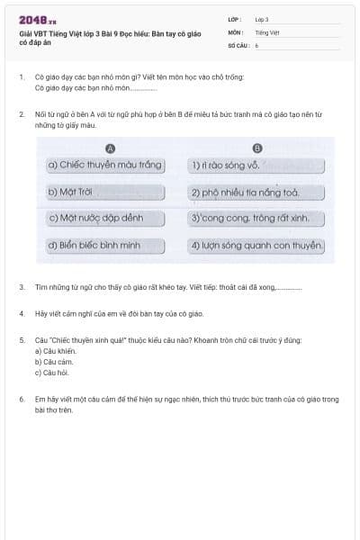 Giải VBT Tiếng Việt lớp 3 Bài 9 Đọc hiểu: Bàn tay cô giáo có đáp án