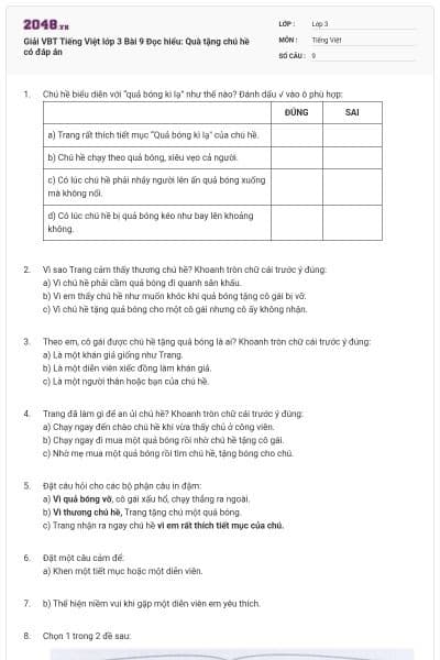 Giải VBT Tiếng Việt lớp 3 Bài 9 Đọc hiểu: Quà tặng chú hề có đáp án