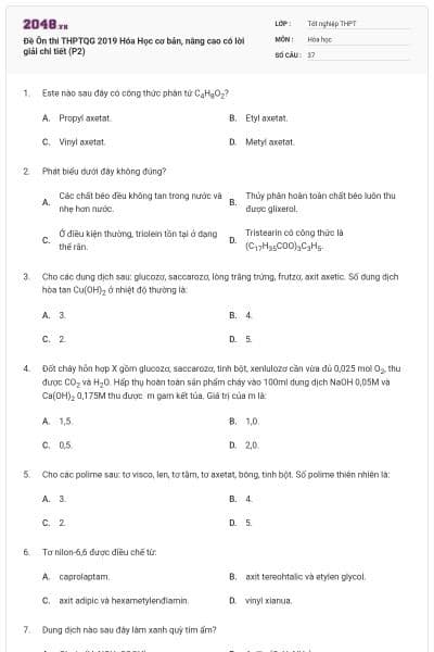 Đề Ôn thi THPTQG 2019 Hóa Học cơ bản, nâng cao có lời giải chi tiết (P2)