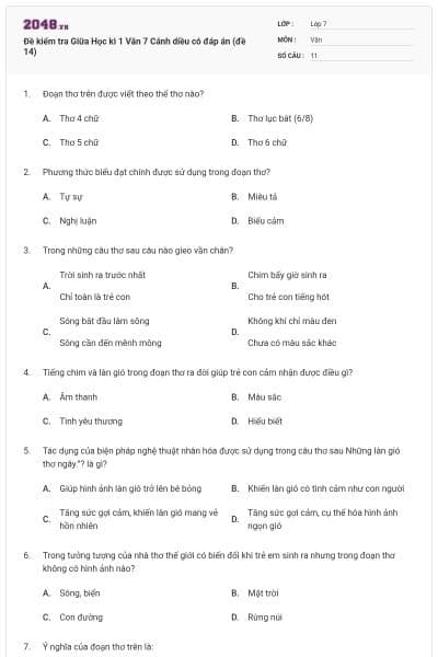 Đề kiểm tra Giữa Học kì 1 Văn 7 Cánh diều có đáp án (đề 14)