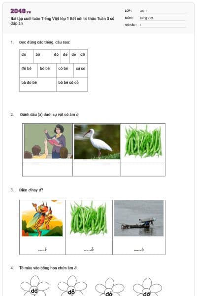 Bài tập cuối tuần Tiếng Việt lớp 1 Kết nối tri thức Tuần 3 có đáp án