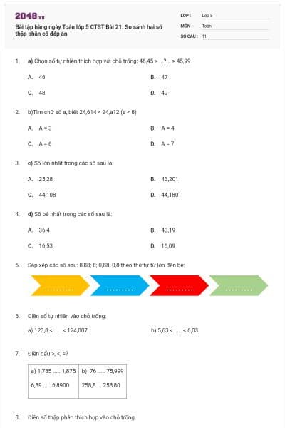 Bài tập hàng ngày Toán lớp 5 CTST Bài 21. So sánh hai số thập phân có đáp án