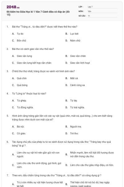 Đề kiểm tra Giữa Học kì 1 Văn 7 Cánh diều có đáp án (đề 15)