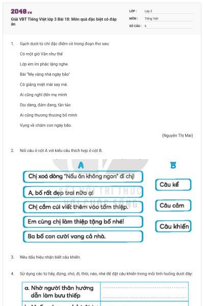 Giải VBT Tiếng Việt lớp 3 Bài 18: Món quà đặc biệt có đáp án