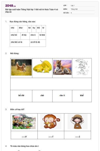 Bài tập cuối tuần Tiếng Việt lớp 1 Kết nối tri thức Tuần 4 có đáp án