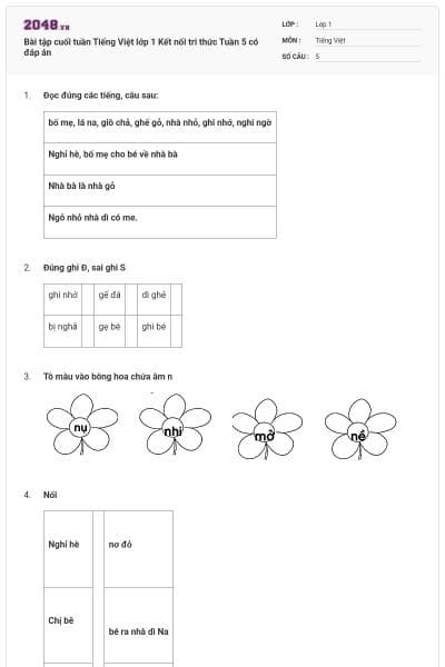 Bài tập cuối tuần Tiếng Việt lớp 1 Kết nối tri thức Tuần 5 có đáp án