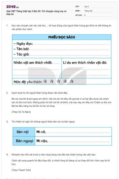 Giải VBT Tiếng Việt lớp 3 Bài 20: Trò chuyện cùng mẹ có đáp án