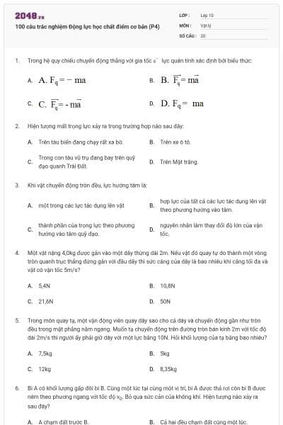 100 câu trắc nghiệm Động lực học chất điểm cơ bản (P4)