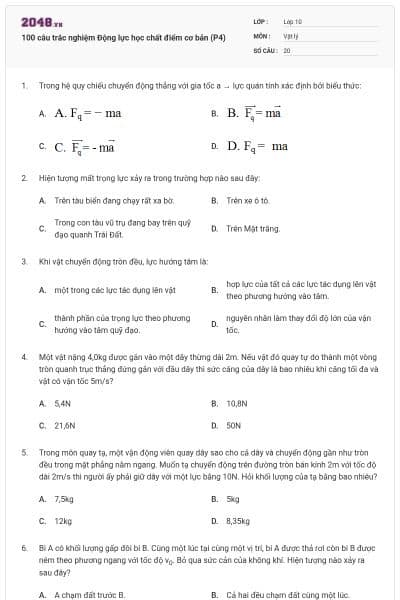 100 câu trắc nghiệm Động lực học chất điểm cơ bản (P4)