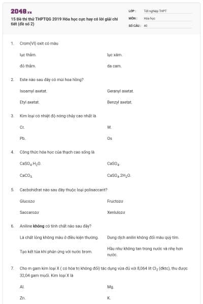 15 Đề thi thử THPTQG 2019 Hóa học cực hay có lời giải chi tiết (đề số 2)