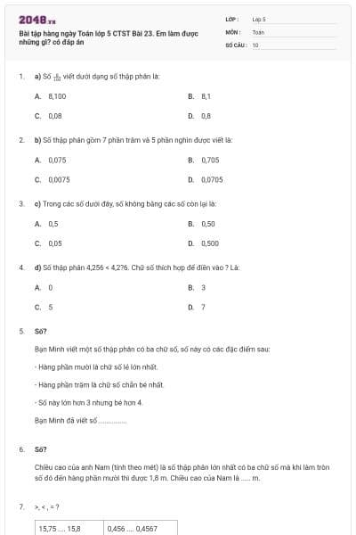 Bài tập hàng ngày Toán lớp 5 CTST Bài 23. Em làm được những gì? có đáp án