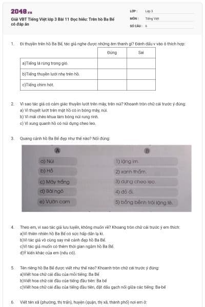 Giải VBT Tiếng Việt lớp 3 Bài 11 Đọc hiểu: Trên hồ Ba Bể có đáp án