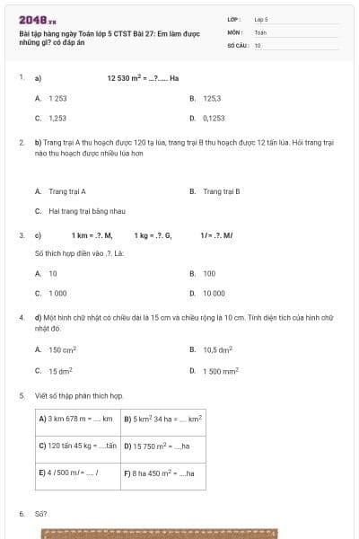 Bài tập hàng ngày Toán lớp 5 CTST Bài 27: Em làm được những gì? có đáp án