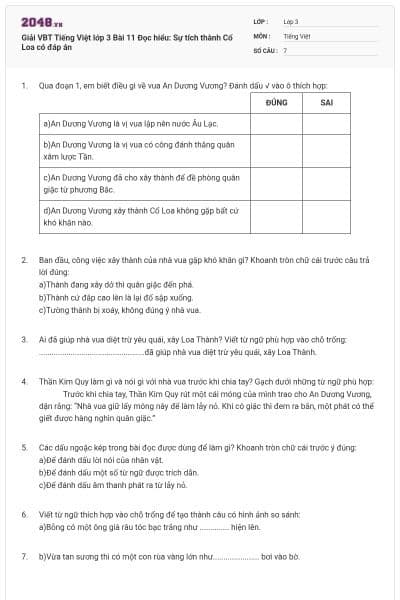 Giải VBT Tiếng Việt lớp 3 Bài 11 Đọc hiểu: Sự tích thành Cổ Loa có đáp án