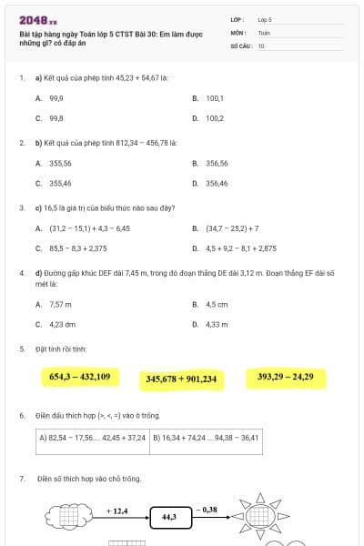 Bài tập hàng ngày Toán lớp 5 CTST Bài 30: Em làm được những gì? có đáp án