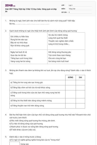 Giải VBT Tiếng Việt lớp 3 Bài 12 Đọc hiểu: Sông quê có đáp án