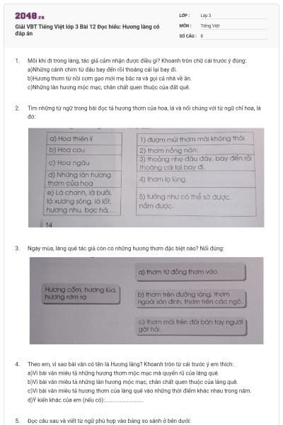 Giải VBT Tiếng Việt lớp 3 Bài 12 Đọc hiểu: Hương làng có đáp án