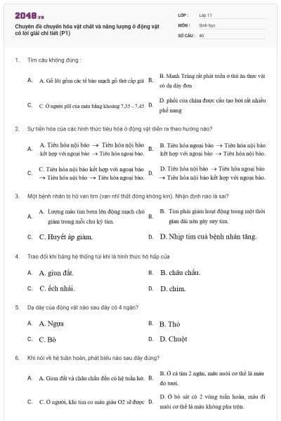 Chuyên đề chuyển hóa vật chất và năng lượng ở động vật có lời giải chi tiết (P1)