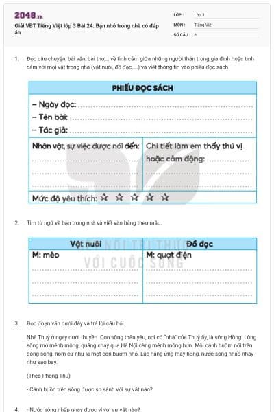 Giải VBT Tiếng Việt lớp 3 Bài 24: Bạn nhỏ trong nhà có đáp án