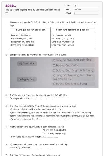 Giải VBT Tiếng Việt lớp 3 Bài 12 Đọc hiểu: Làng em có đáp án