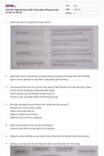 Giải VBT Tiếng Việt lớp 3 Bài 12 Đọc hiểu: Phép mầu trên sa mạc có đáp án