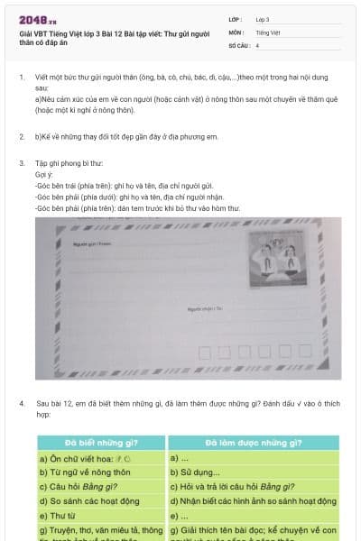 Giải VBT Tiếng Việt lớp 3 Bài 12 Bài tập viết: Thư gửi người thân có đáp án