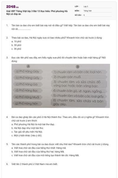 Giải VBT Tiếng Việt lớp 3 Bài 13 Đọc hiểu: Phố phường Hà Nội có đáp án