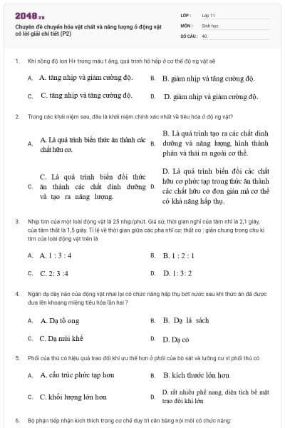Chuyên đề chuyển hóa vật chất và năng lượng ở động vật có lời giải chi tiết (P2)