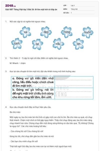 Giải VBT Tiếng Việt lớp 3 Bài 26: Đi tìm mặt trời có đáp án