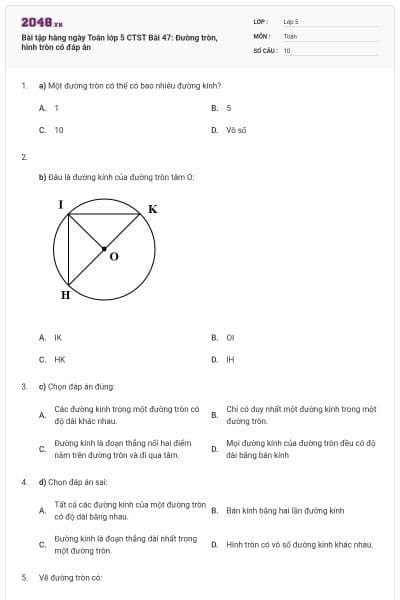 Bài tập hàng ngày Toán lớp 5 CTST Bài 47: Đường tròn, hình tròn có đáp án