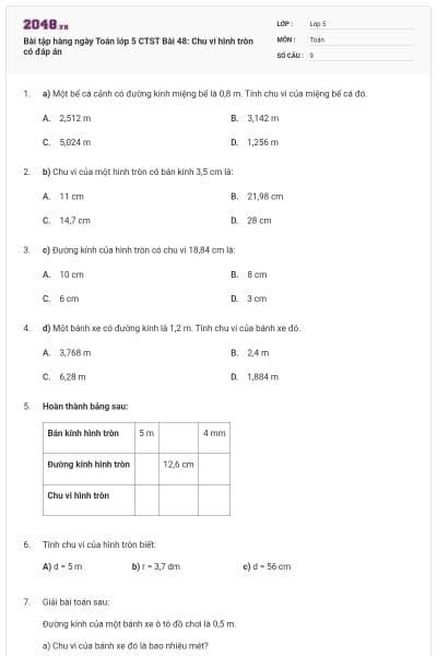 Bài tập hàng ngày Toán lớp 5 CTST Bài 48: Chu vi hình tròn có đáp án