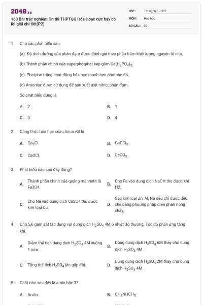 160 Bài trắc nghiệm Ôn thi THPTQG Hóa Hoạc cực hay có lời giải chi tiết(P2)